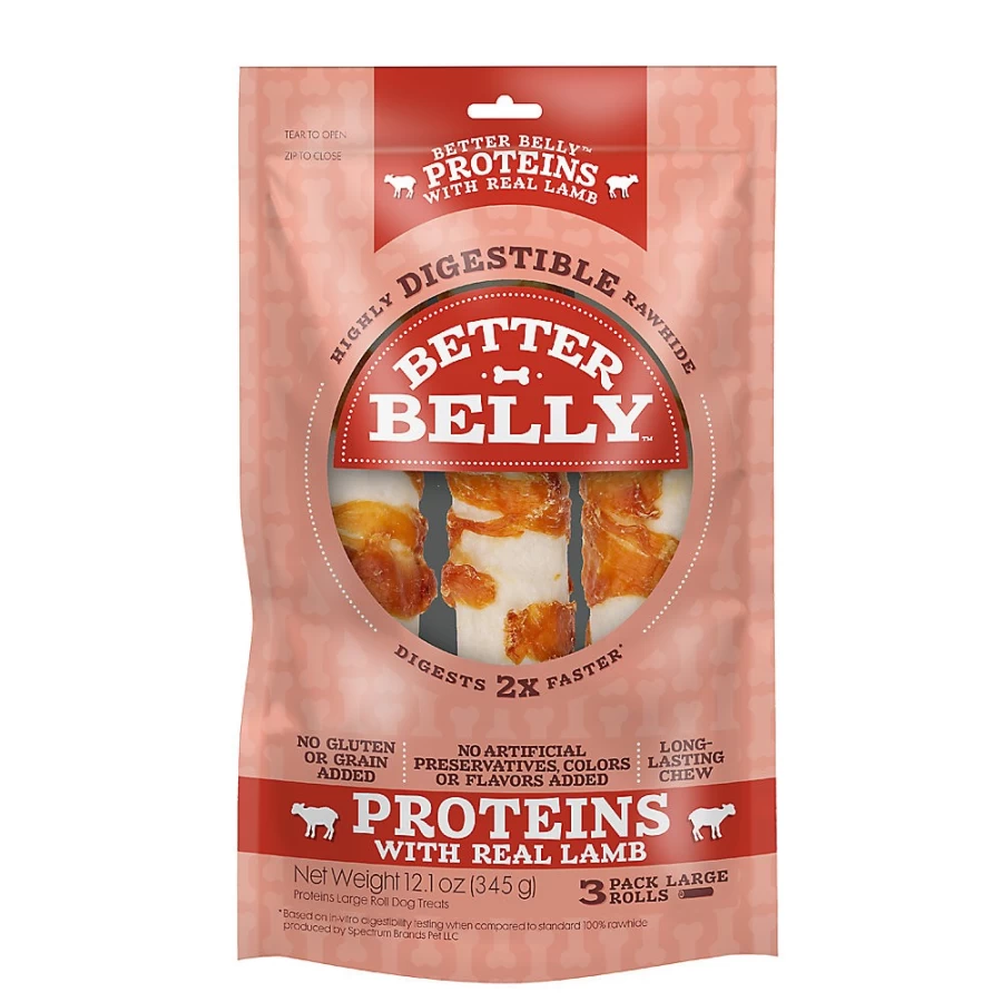 PetSmart Better Belly Proteins Rawhide Dog Treats for Large Breeds - Real Lamb Flavor, Digestible Chews for Dogs