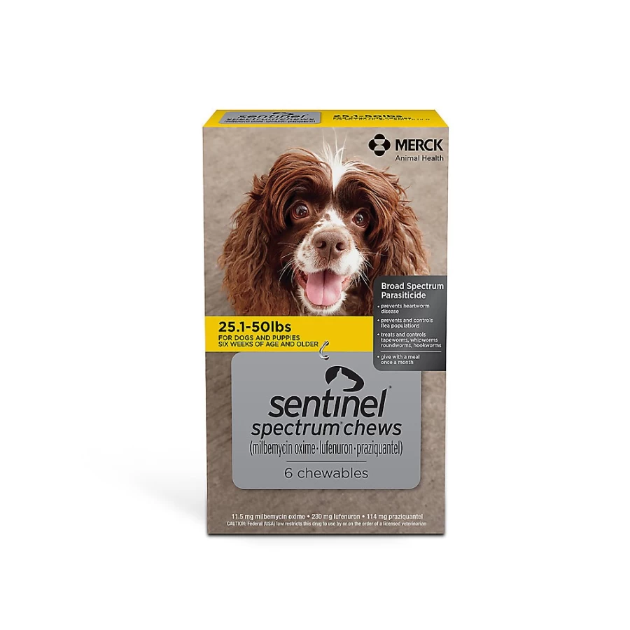 "PetSmart Sentinel Spectrum Chewable Tablets for Dogs 25-50 lbs – 6 Month or 12 Month Flea & Worm Protection"