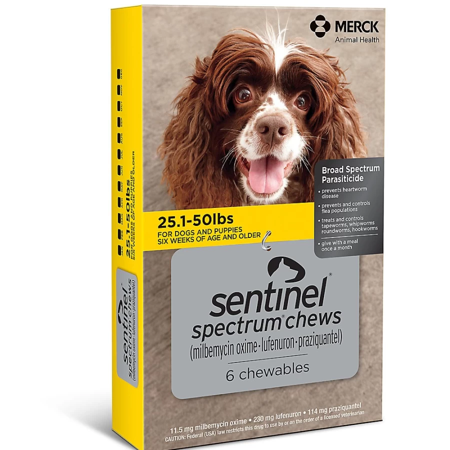 "PetSmart Sentinel Spectrum Chewable Tablets for Dogs 25-50 lbs – 6 Month or 12 Month Flea & Worm Protection"