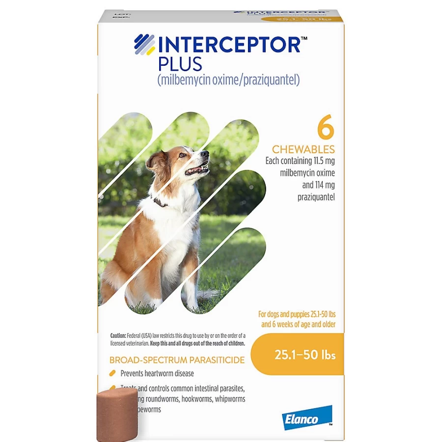 "Interceptor Plus Chewable Tablets for Dogs 25.1-50 lbs – 3, 6, or 12 Month Supply | Heartworm & Intestinal Parasite Protection | PetSmart"