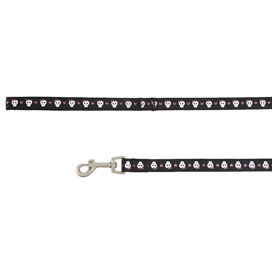 PetSmart Top Paw Black and Pink Skull Print Dog Leash - 6 Foot Nylon Lead, 5/8 Inch Width for Medium to Large Dogs